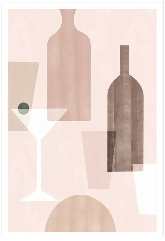 Affiche nature morte verres et bouteilles terracotta