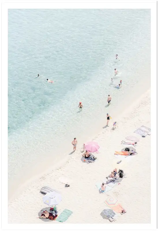 Affiche vue aérienne plage turquoise et baigneurs