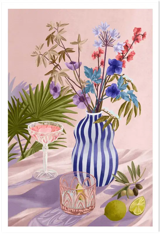 Affiche vase rayé bleu et bouquet de fleurs