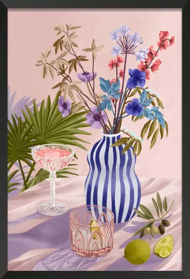 Affiche vase rayé bleu et bouquet de fleurs