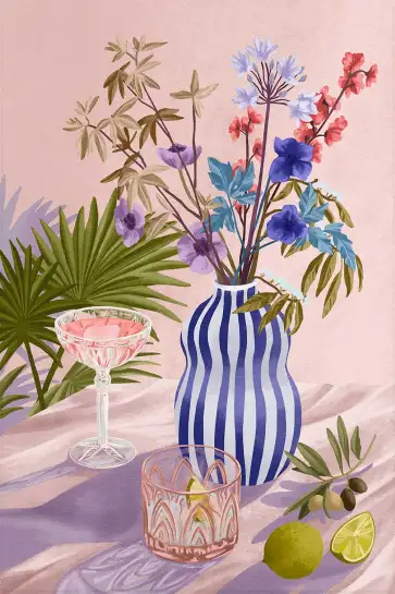 Affiche vase rayé bleu et bouquet de fleurs