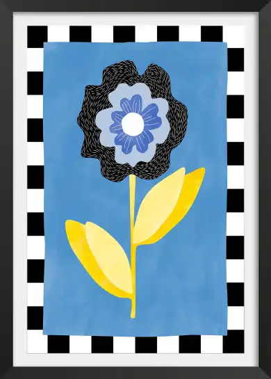 Affiche illustration florale bordure damier