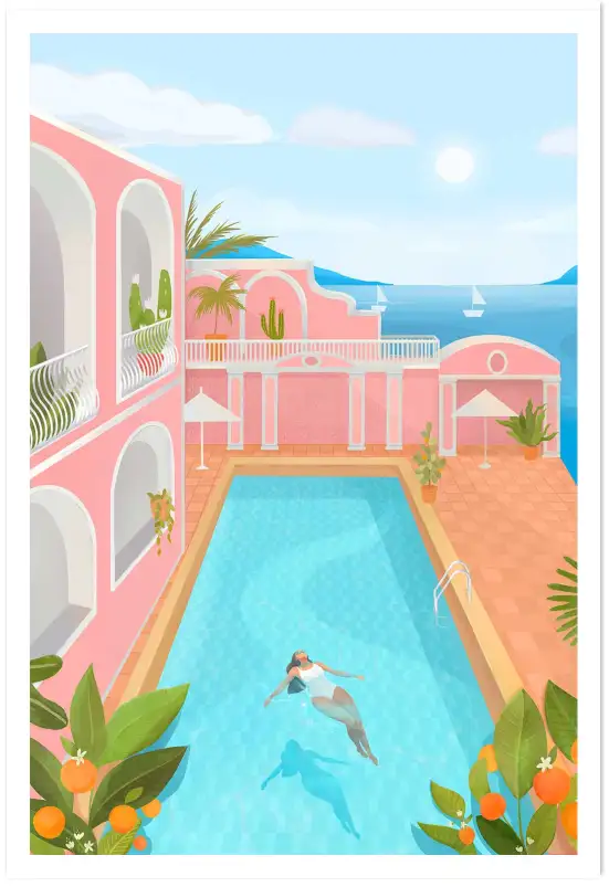 Affiche baignade estivale villa rose