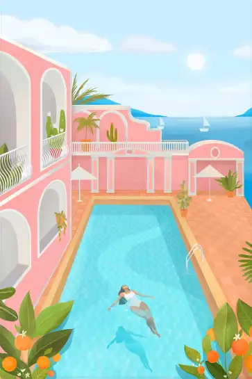 Affiche baignade estivale villa rose