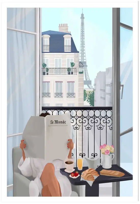 Affiche illustration balcon parisien tour eiffel