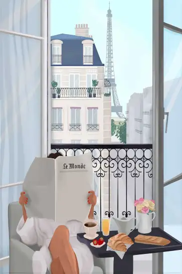 Affiche illustration balcon parisien tour eiffel