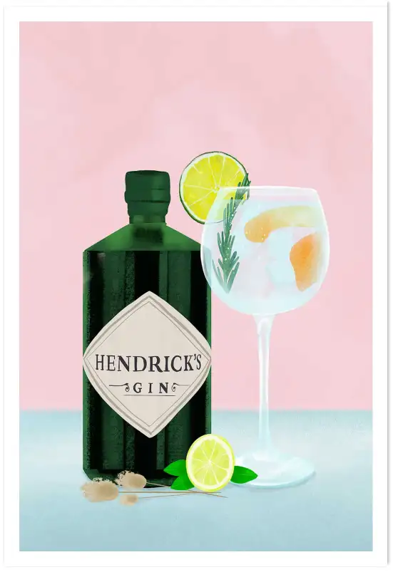 Affiche illustration bouteille de gin et verre