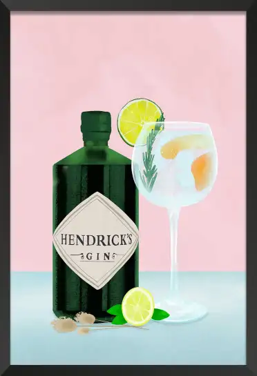 Affiche illustration bouteille de gin et verre