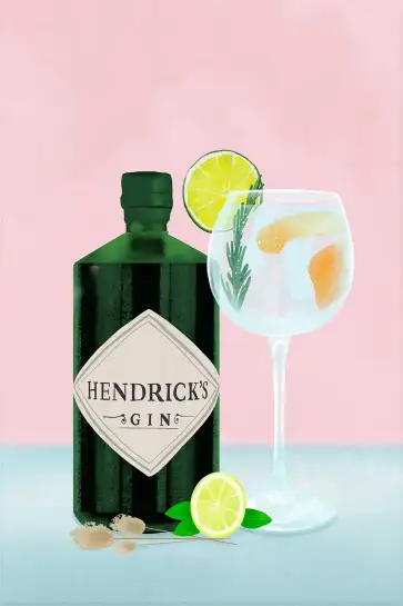 Affiche illustration bouteille de gin et verre