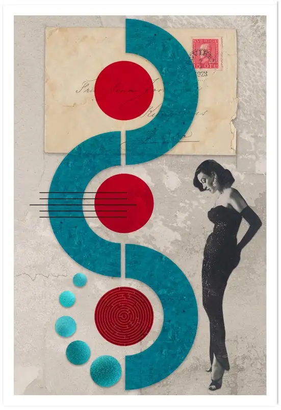 Affiche collage abstrait vintage bleu et rouge