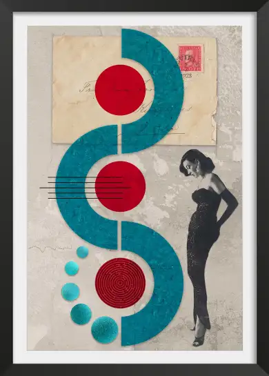Affiche collage abstrait vintage bleu et rouge