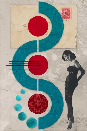 Affiche collage abstrait vintage bleu et rouge