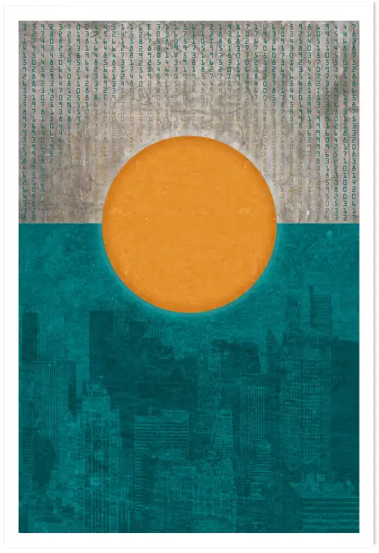 Affiche composition géométrique soleil et gratte-ciels