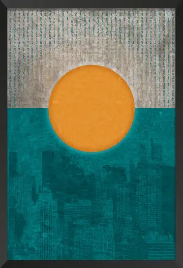 Affiche composition géométrique soleil et gratte-ciels