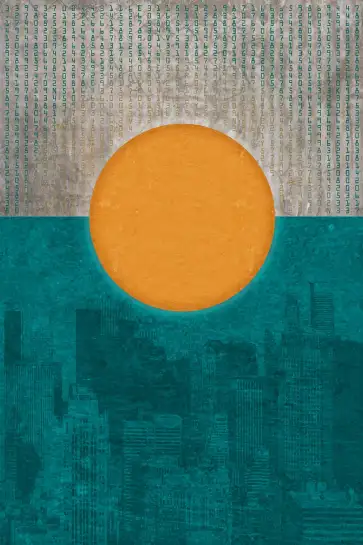 Affiche composition géométrique soleil et gratte-ciels