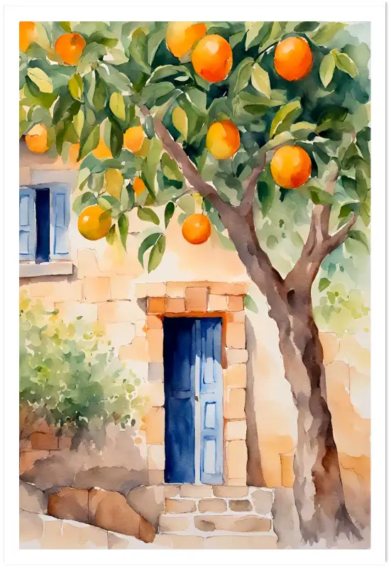 Affiche illustration aquarelle oranger et porte bleue