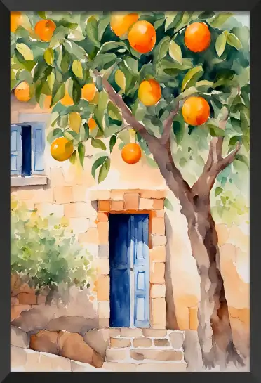 Affiche illustration aquarelle oranger et porte bleue