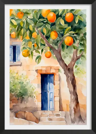 Affiche illustration aquarelle oranger et porte bleue