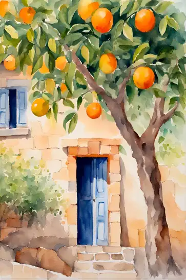 Affiche illustration aquarelle oranger et porte bleue