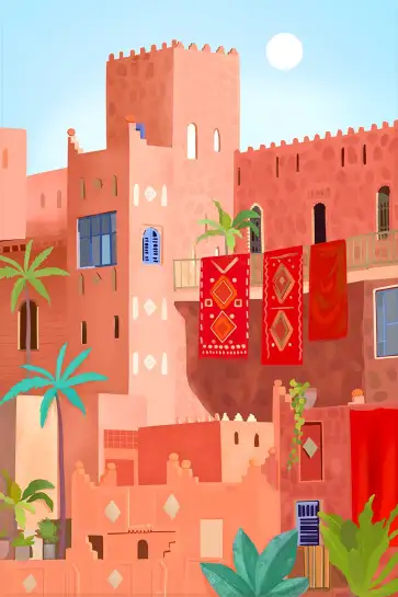 Affiche illustration medina marocaine terre cuite