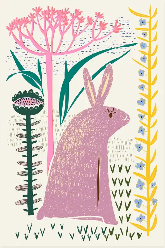 Affiche illustration poétique lapin et fleurs