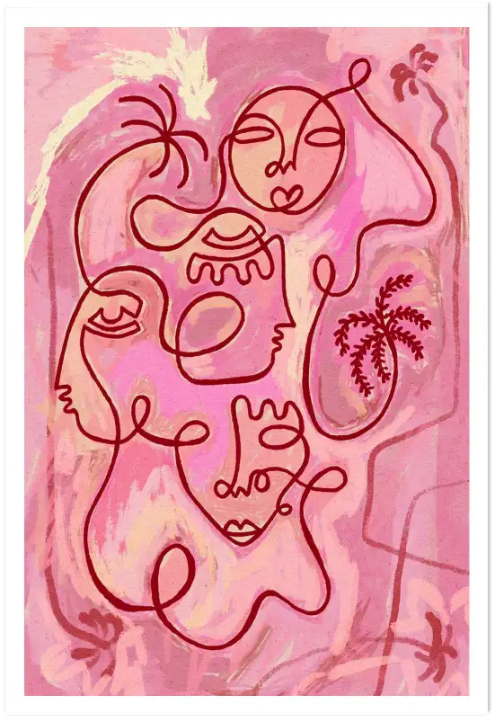 Affiche illustration linocut visages et palmiers