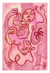 Affiche illustration linocut visages et palmiers