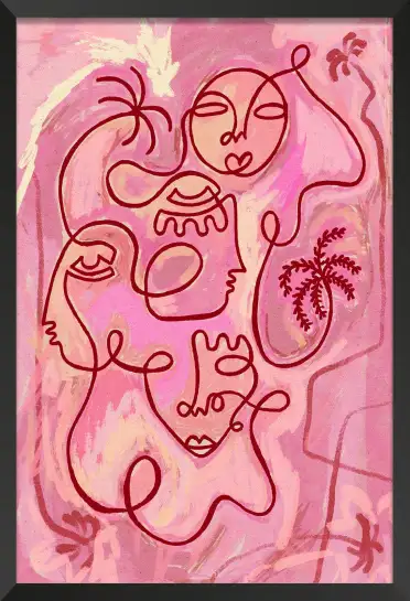 Affiche illustration linocut visages et palmiers