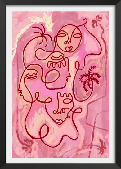 Affiche illustration linocut visages et palmiers