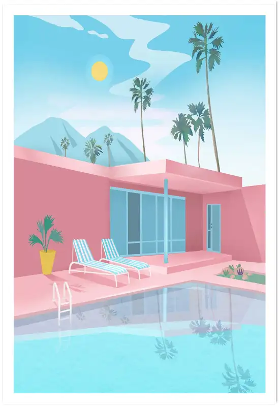 Affiche illustration villa palm springs piscine