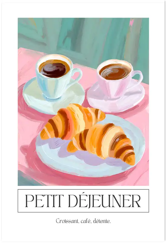Affiche illustration café croissants petit déjeuner