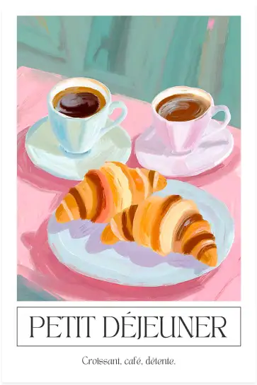 Affiche illustration café croissants petit déjeuner