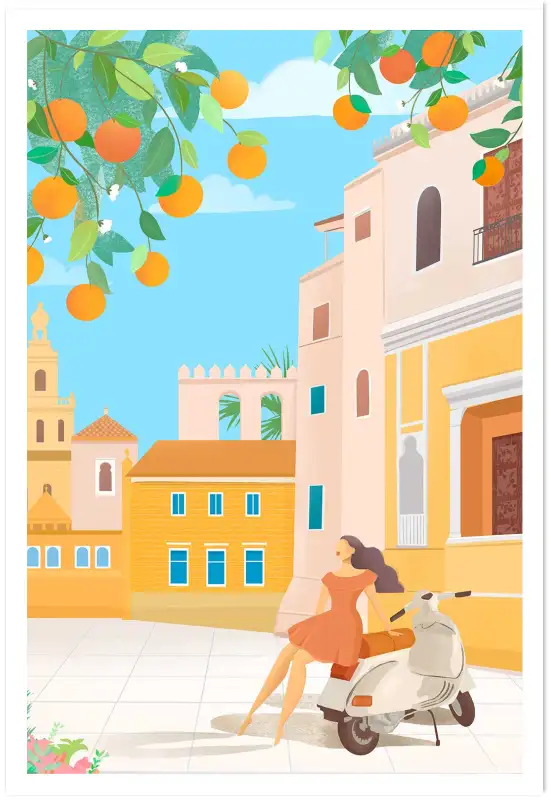Affiche illustration vespa orangers seville