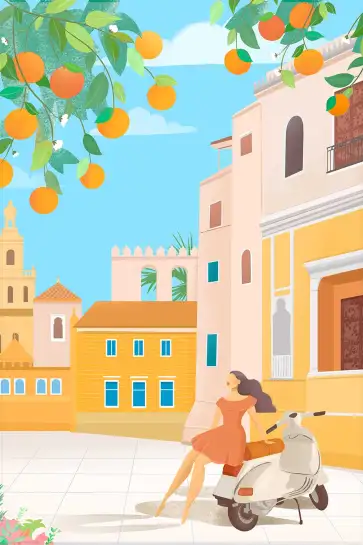 Affiche illustration vespa orangers seville
