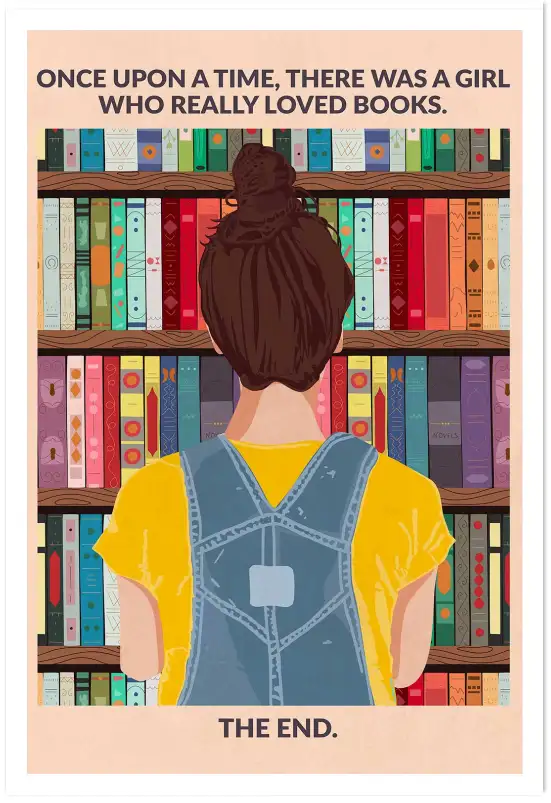 Affiche illustration fille bibliothèque livres