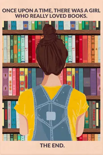 Affiche illustration fille bibliothèque livres