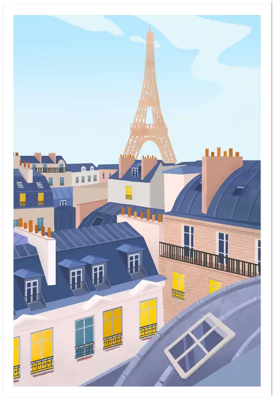 Affiche illustration toits de paris tour eiffel