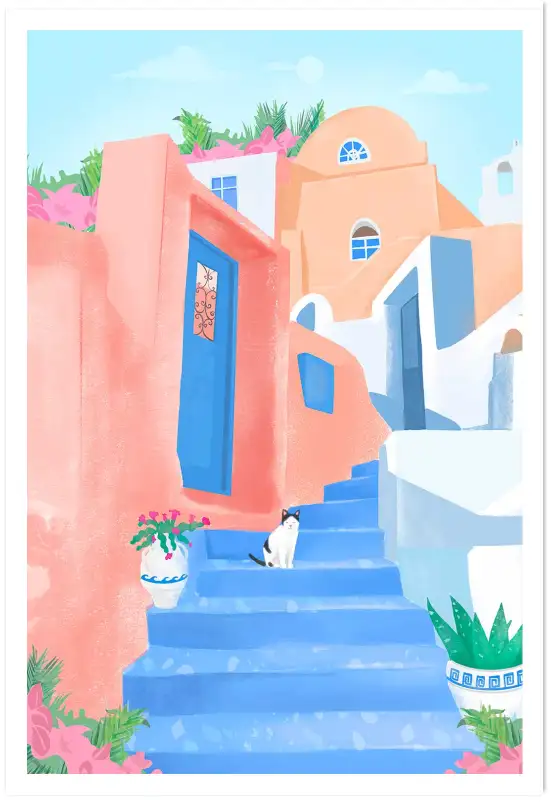 Affiche illustration santorin chat escalier bleu