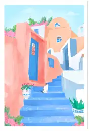 Affiche illustration santorin chat escalier bleu