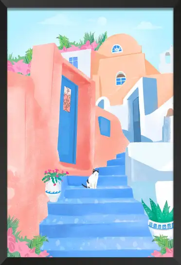 Affiche illustration santorin chat escalier bleu
