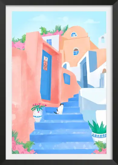 Affiche illustration santorin chat escalier bleu