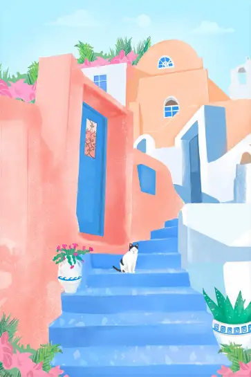 Affiche illustration santorin chat escalier bleu