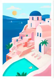 Affiche illustration santorin villa rose