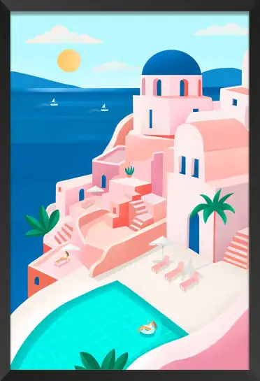 Affiche illustration santorin villa rose