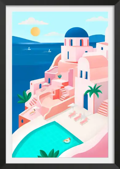 Affiche illustration santorin villa rose