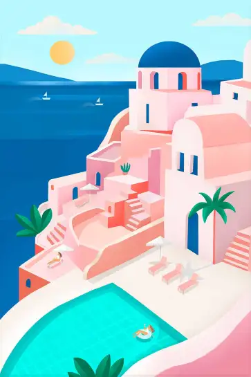 Affiche illustration santorin villa rose