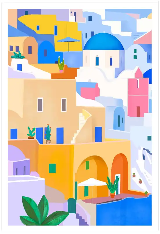 Affiche illustration façades santorin