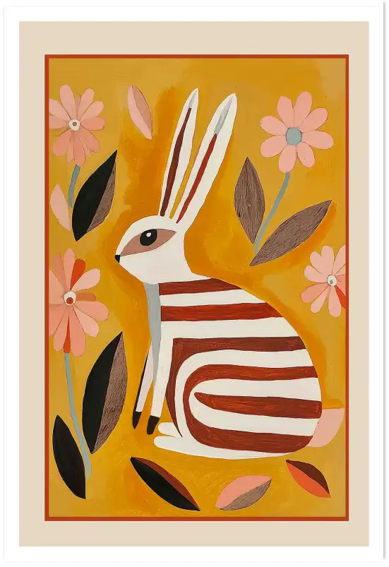 Affiche illustration lapin rayé fleurs