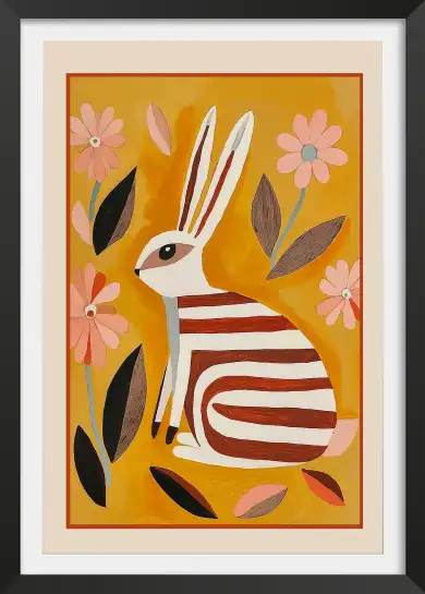 Affiche illustration lapin rayé fleurs