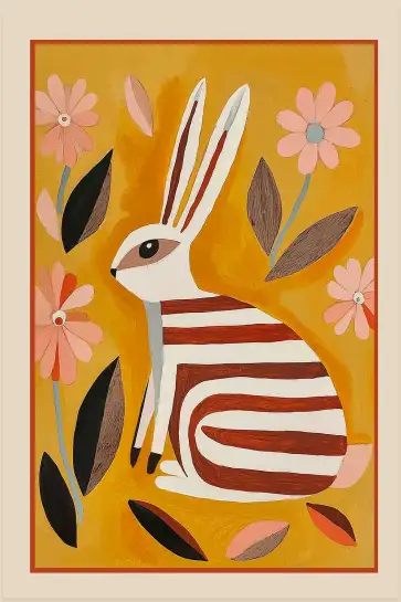 Affiche illustration lapin rayé fleurs